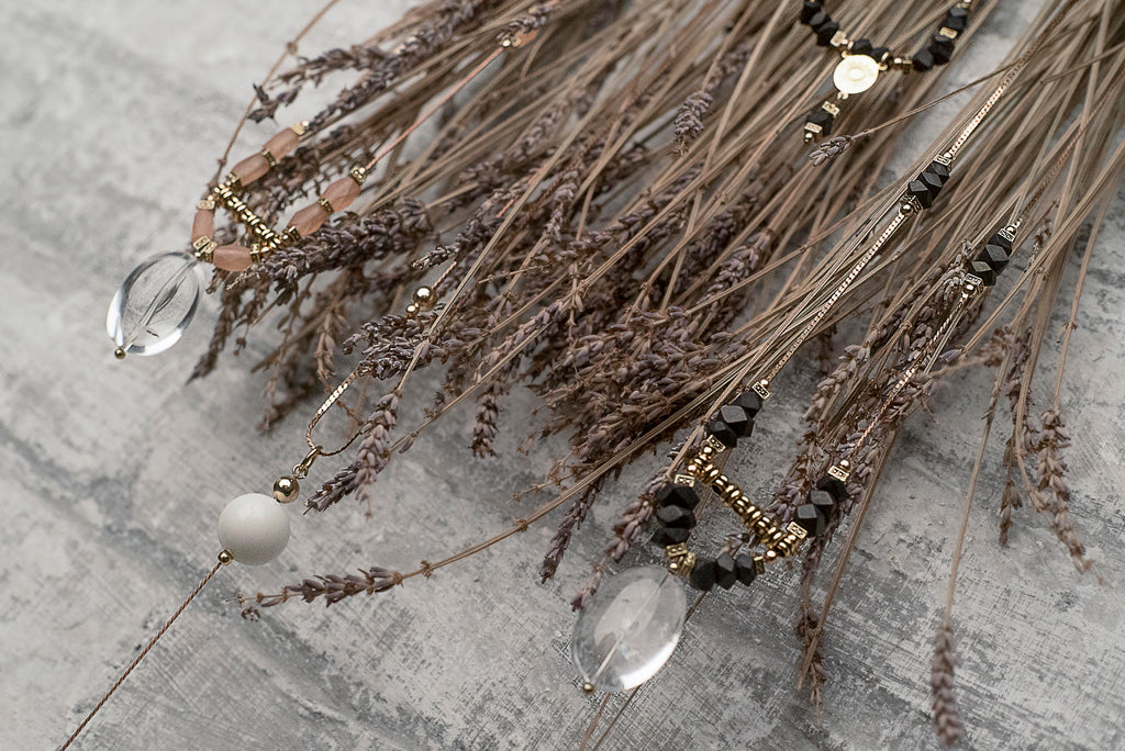 Handmade bohemian jewelry, long crystal necklace made in Canada